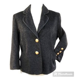 Sara Berman Wool Cashmere Grey Leather Trimmed V Neck Blazer Jacket Women’s